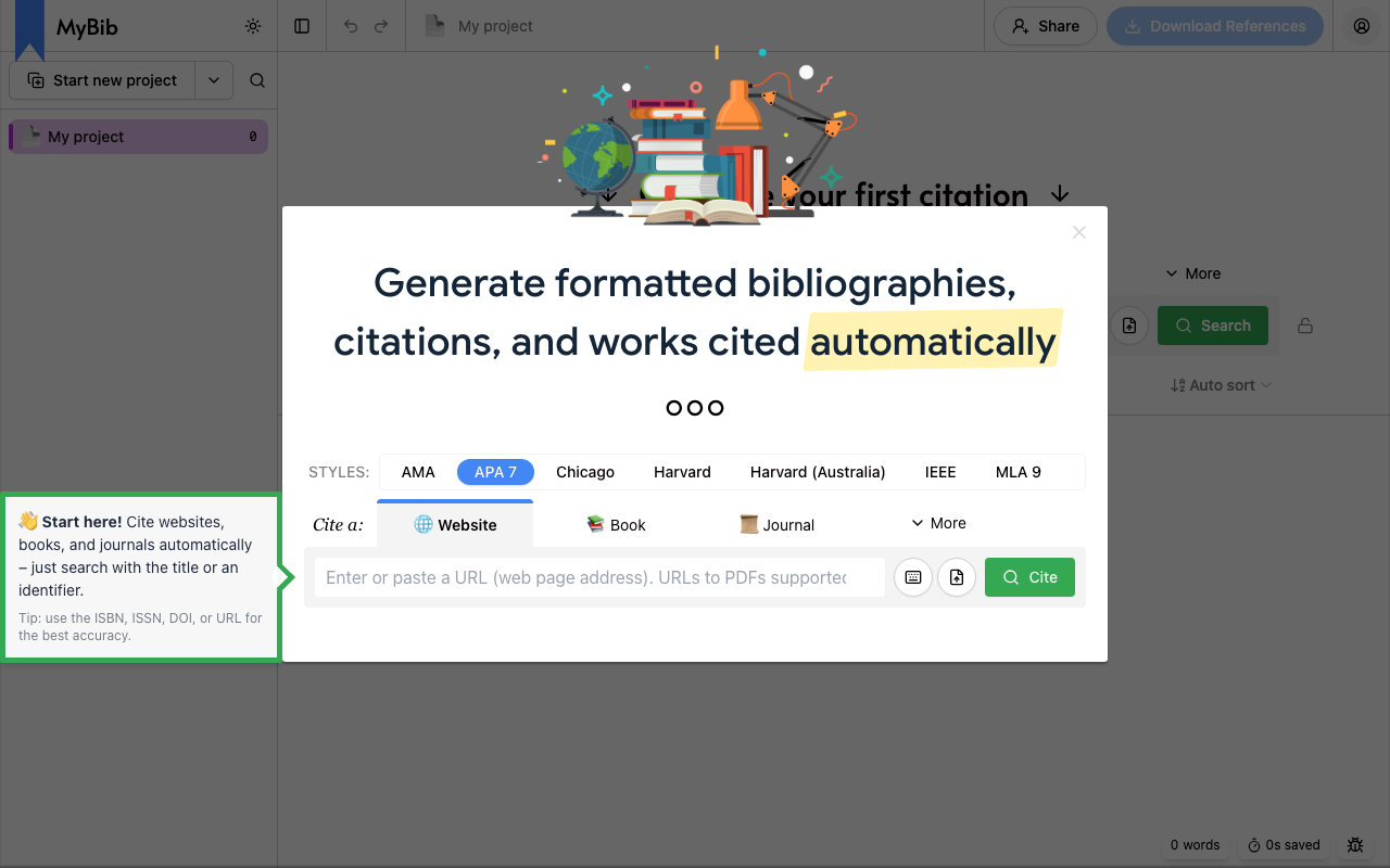 MyBib 引用生成 首页截图