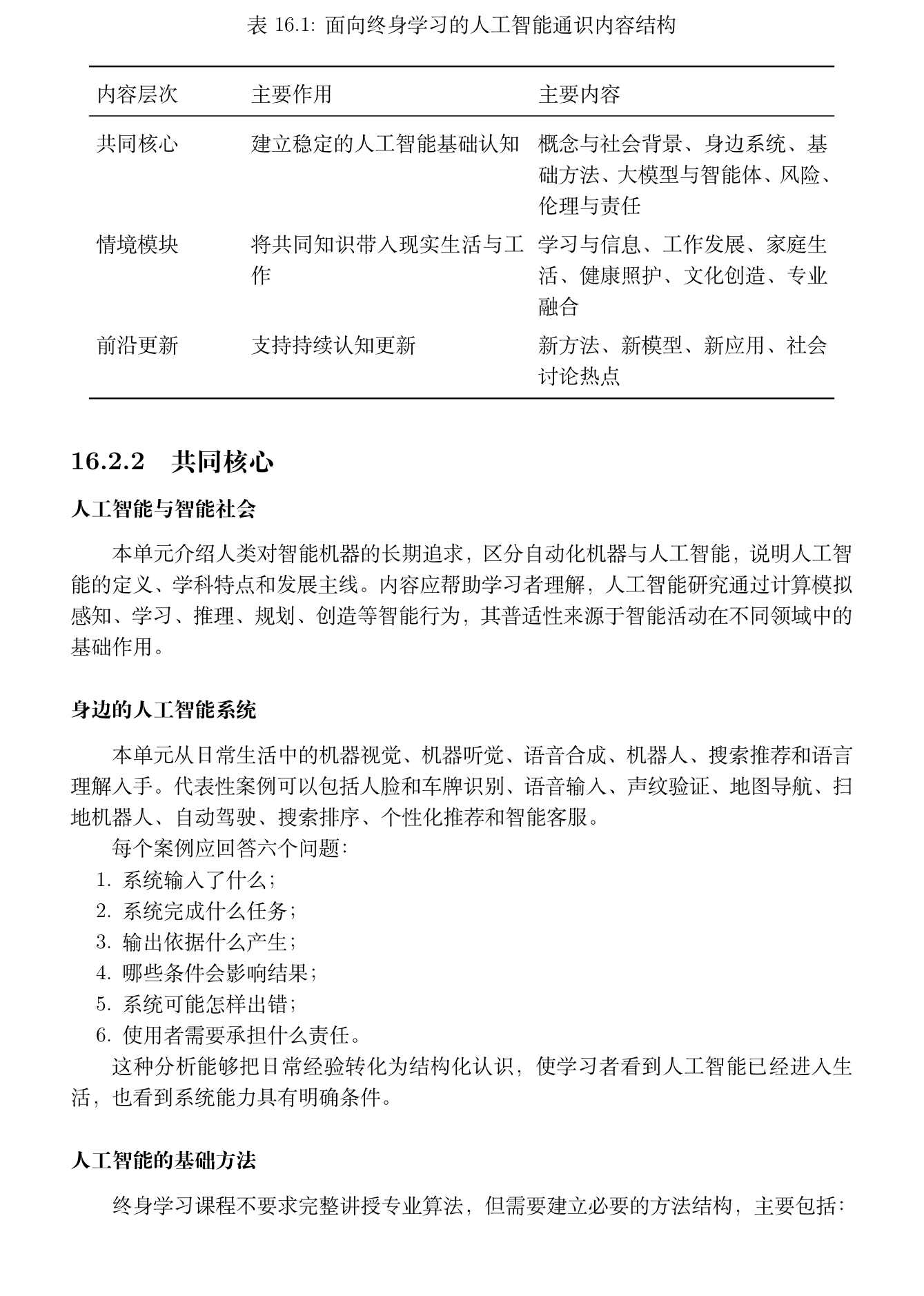表 16.1 面向终身学习的人工智能通识内容结构
